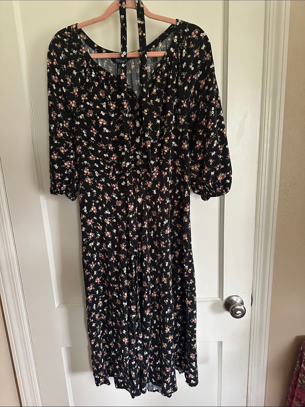 Chaps Black Floral Midi Dress with Pink and Cream Blossoms